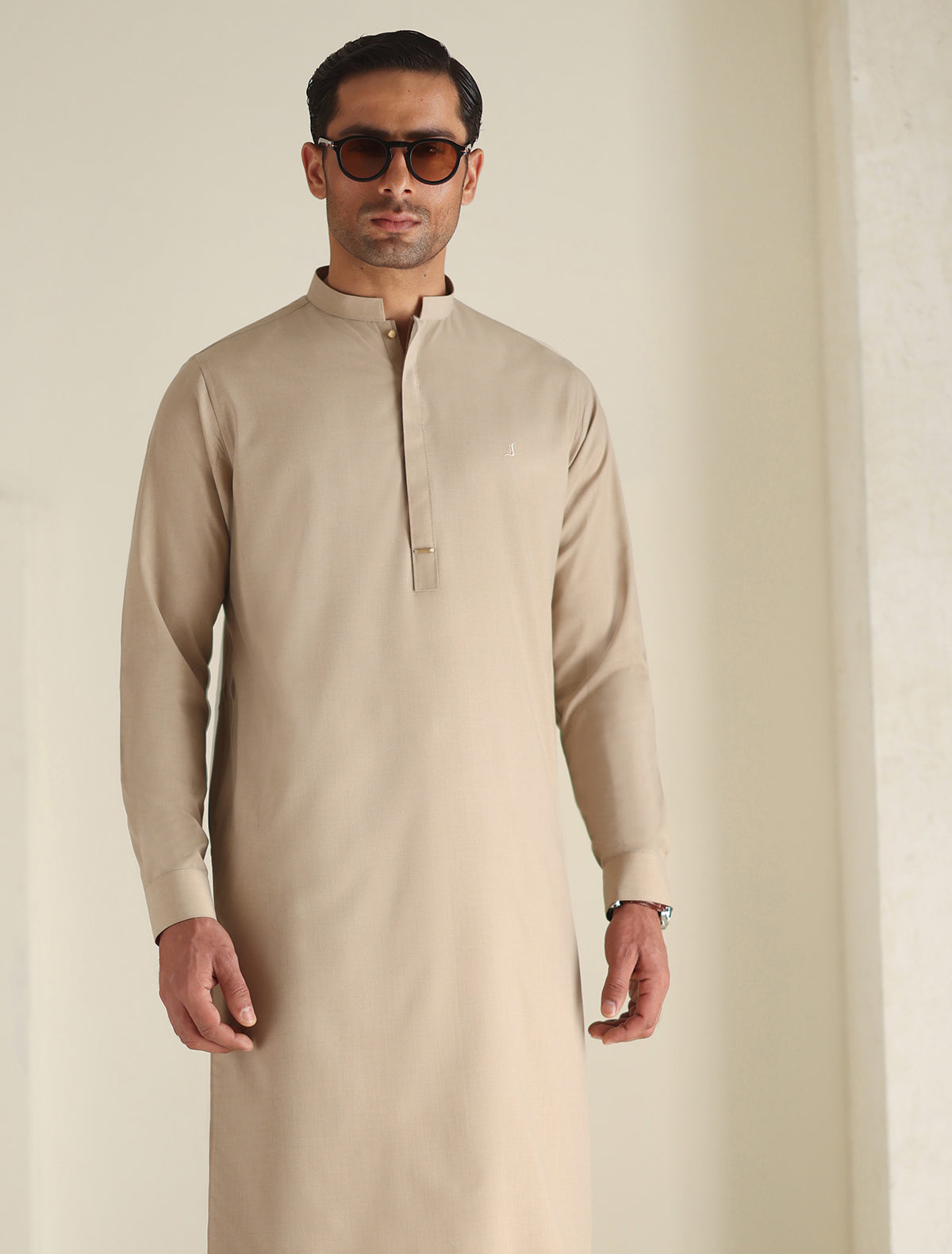 BEIGE LOGO-EMBROIDERED KAMEEZ SHALWAR