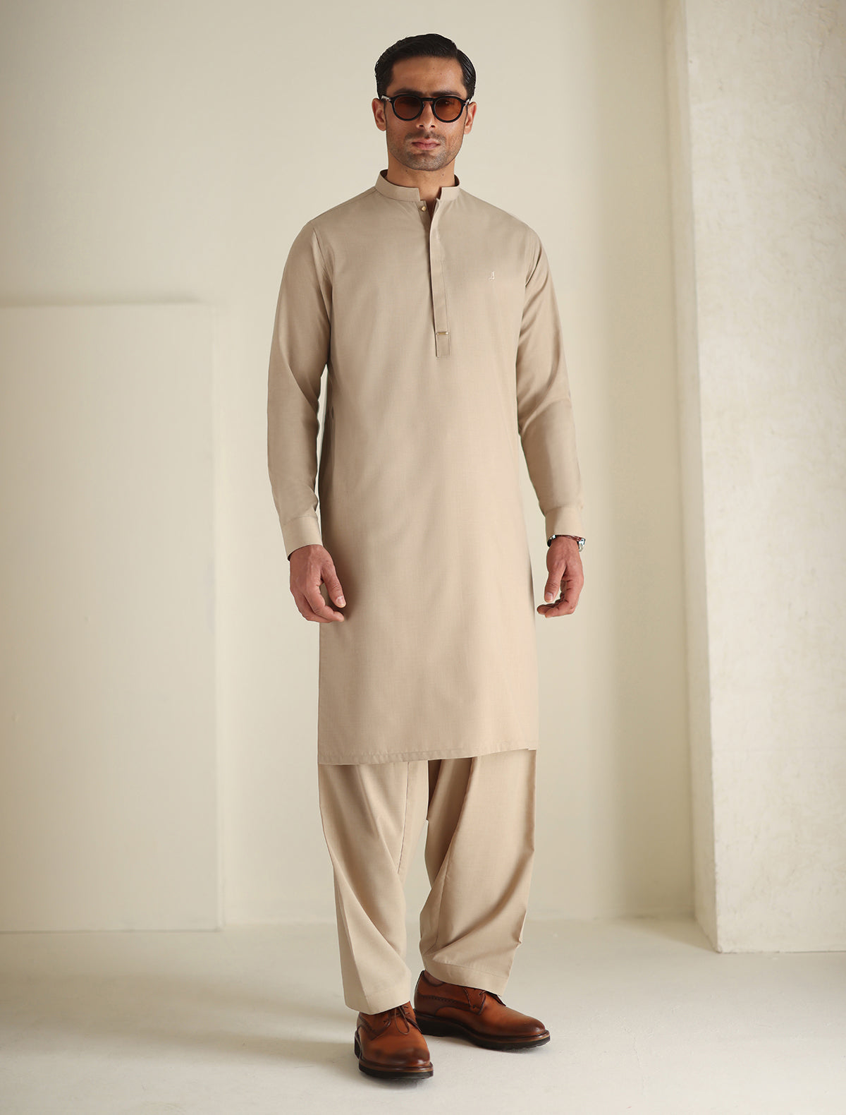 BEIGE LOGO-EMBROIDERED KAMEEZ SHALWAR