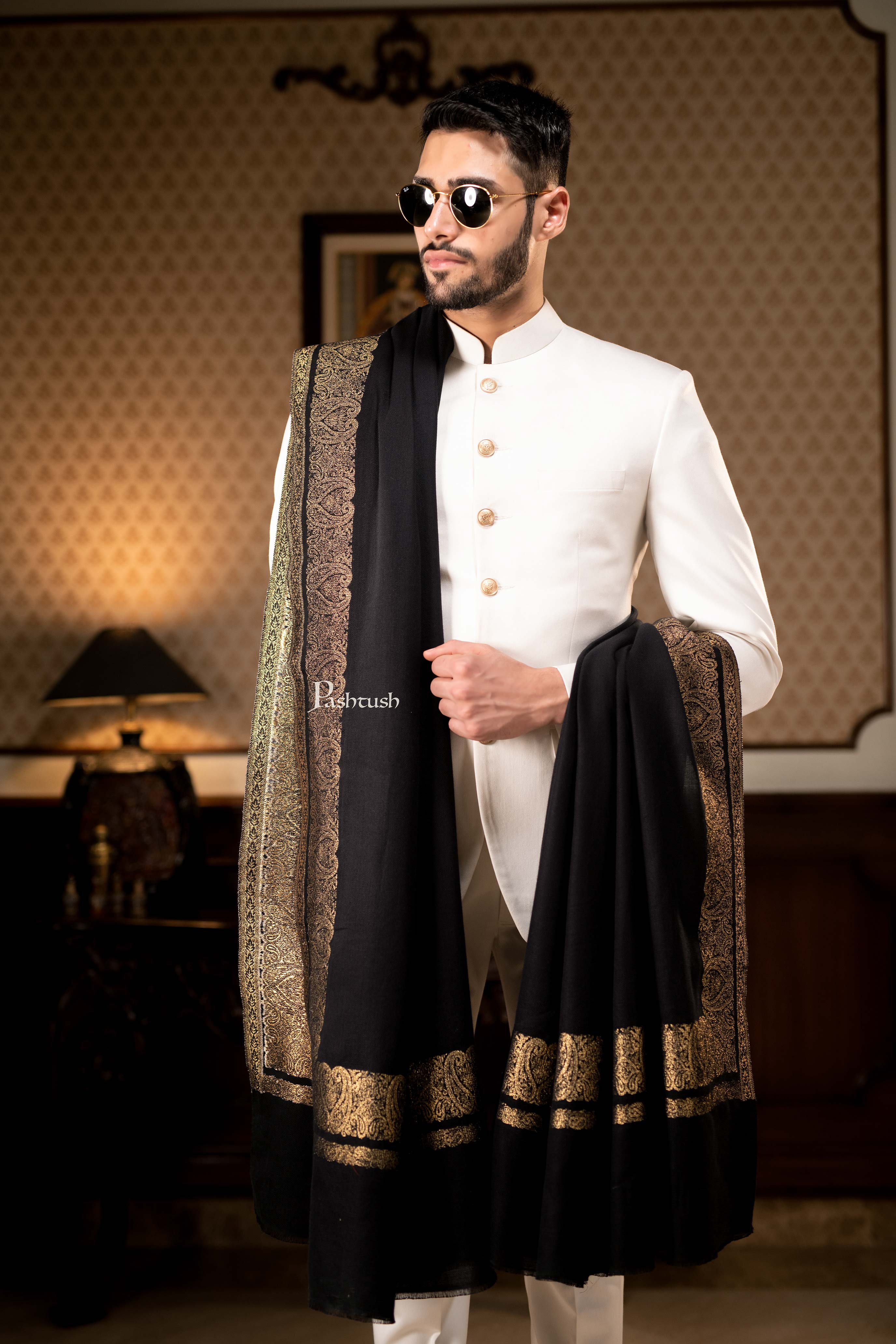 Pashtush Mens Extra Fine Count Wool Shawl, Metallic Tilla Border Weave, Full Size