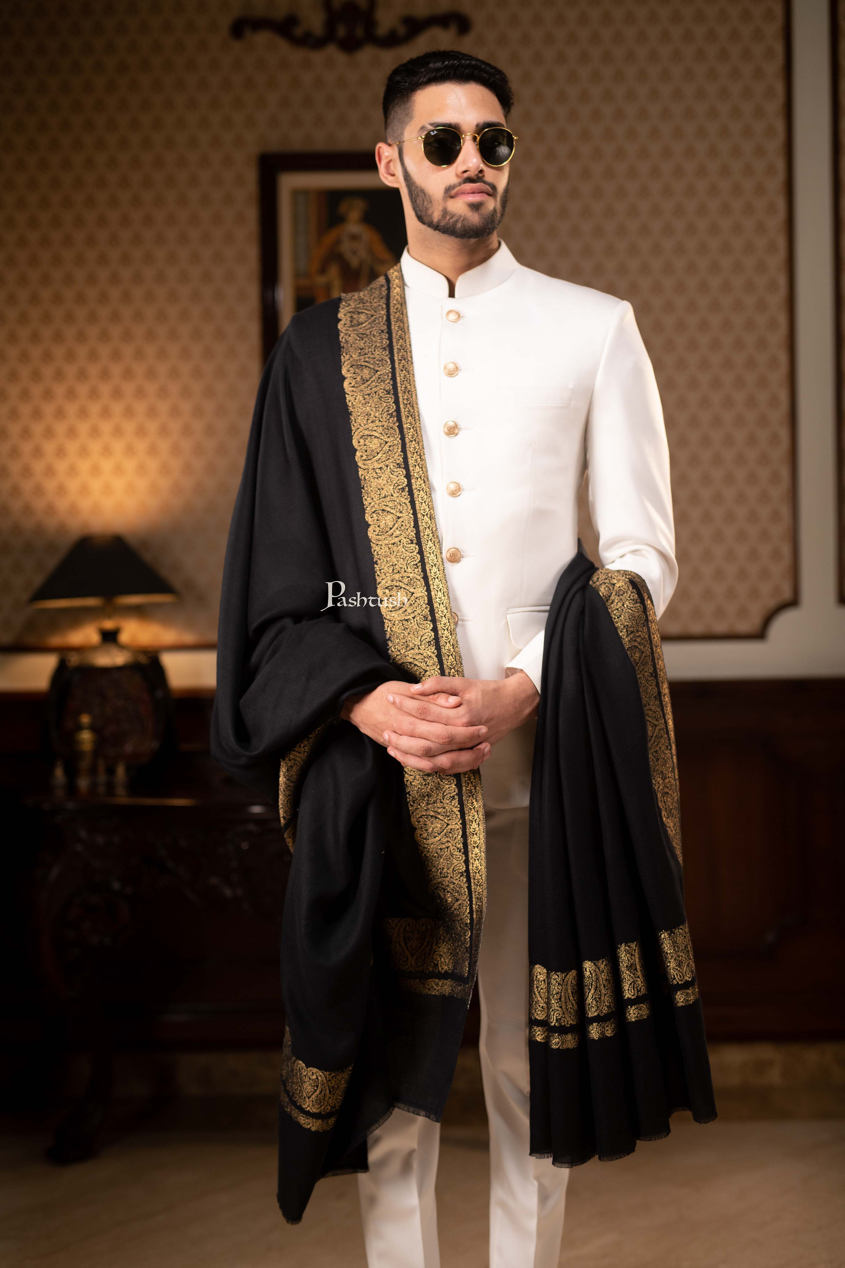 Pashtush Mens Extra Fine Count Wool Shawl, Metallic Tilla Border Weave, Full Size