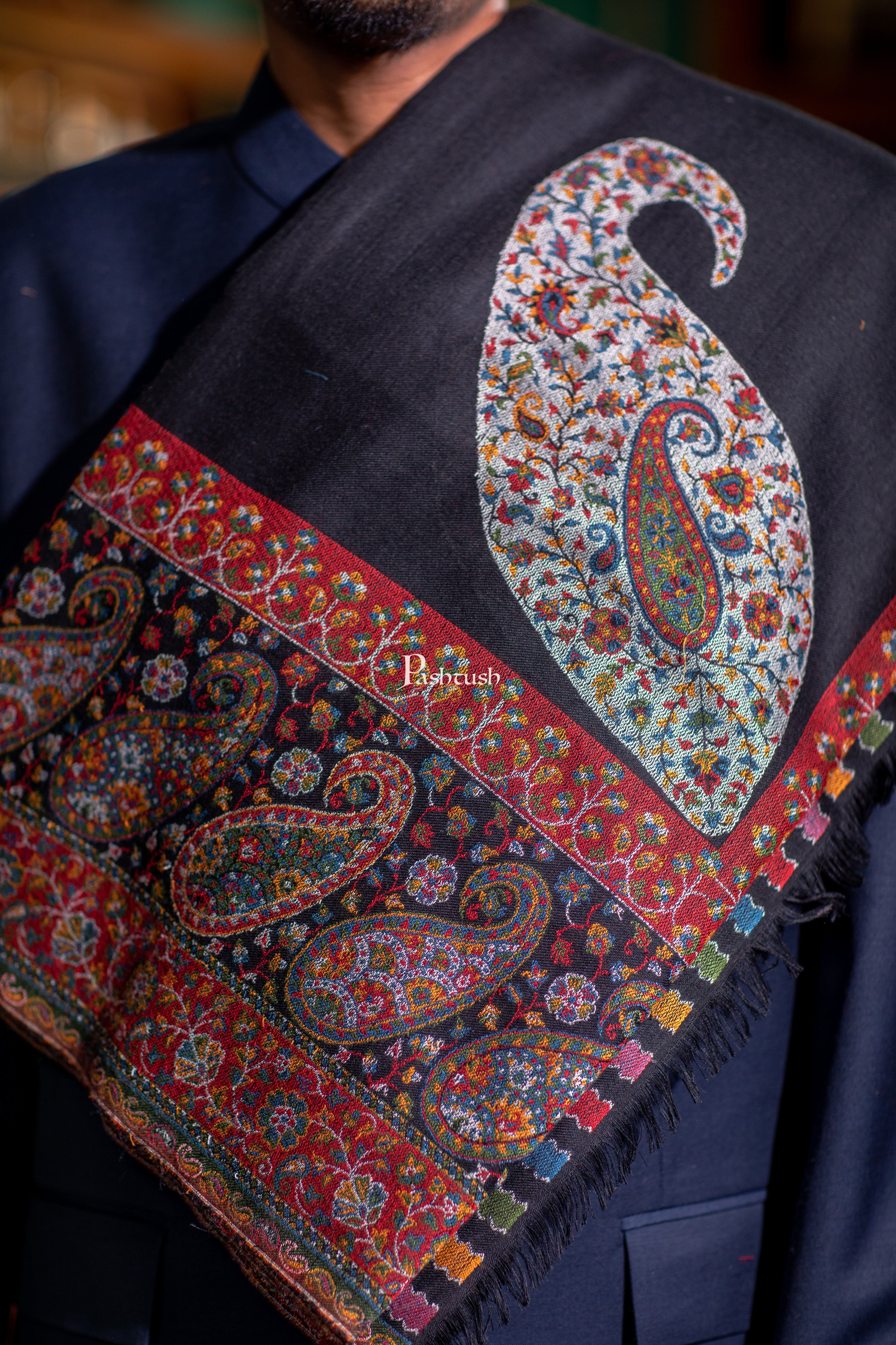 Pashtush Mens Fine Wool Shawl, Ambi Palla  Design, Black