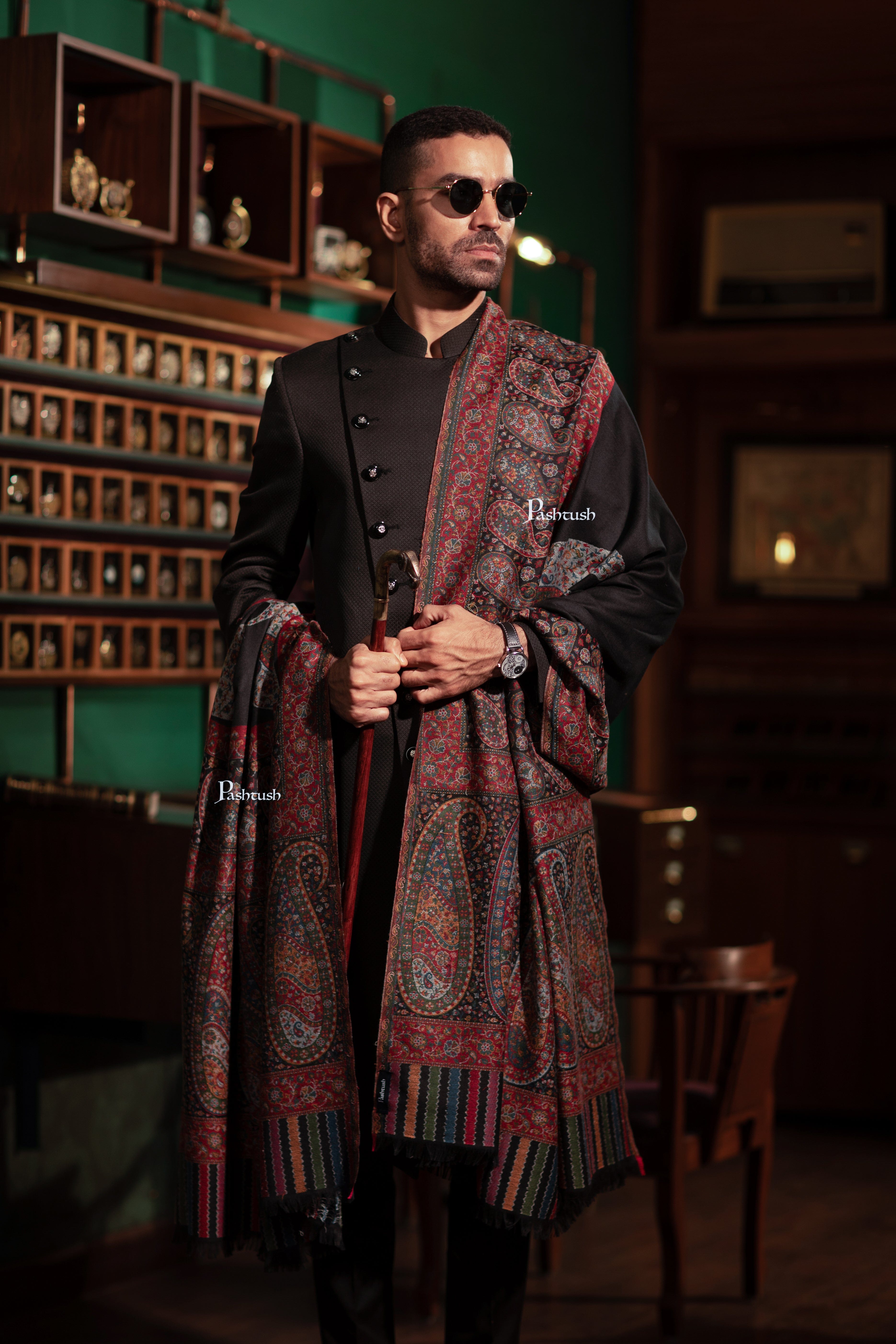 Pashtush Mens Fine Wool Shawl, Ambi Palla  Design, Black