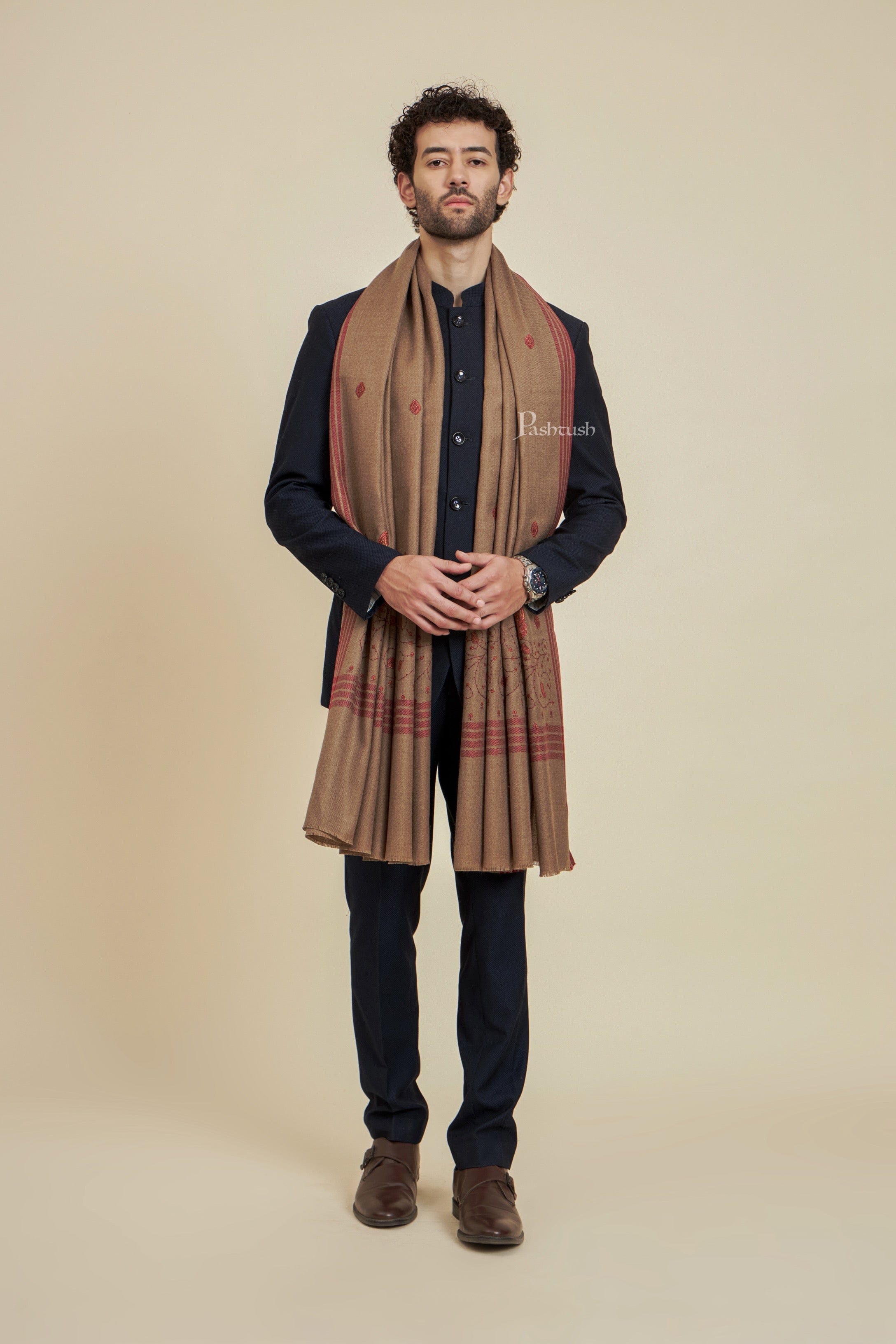 Pashtush Mens Fine Wool Shawl,  Design, Taupe