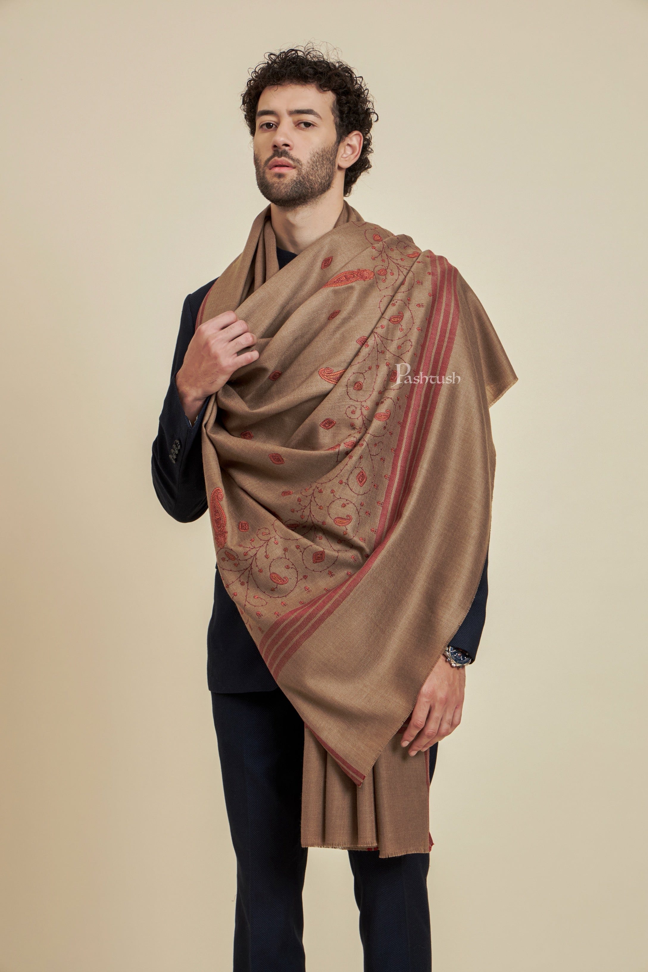 Pashtush Mens Fine Wool Shawl,  Design, Taupe