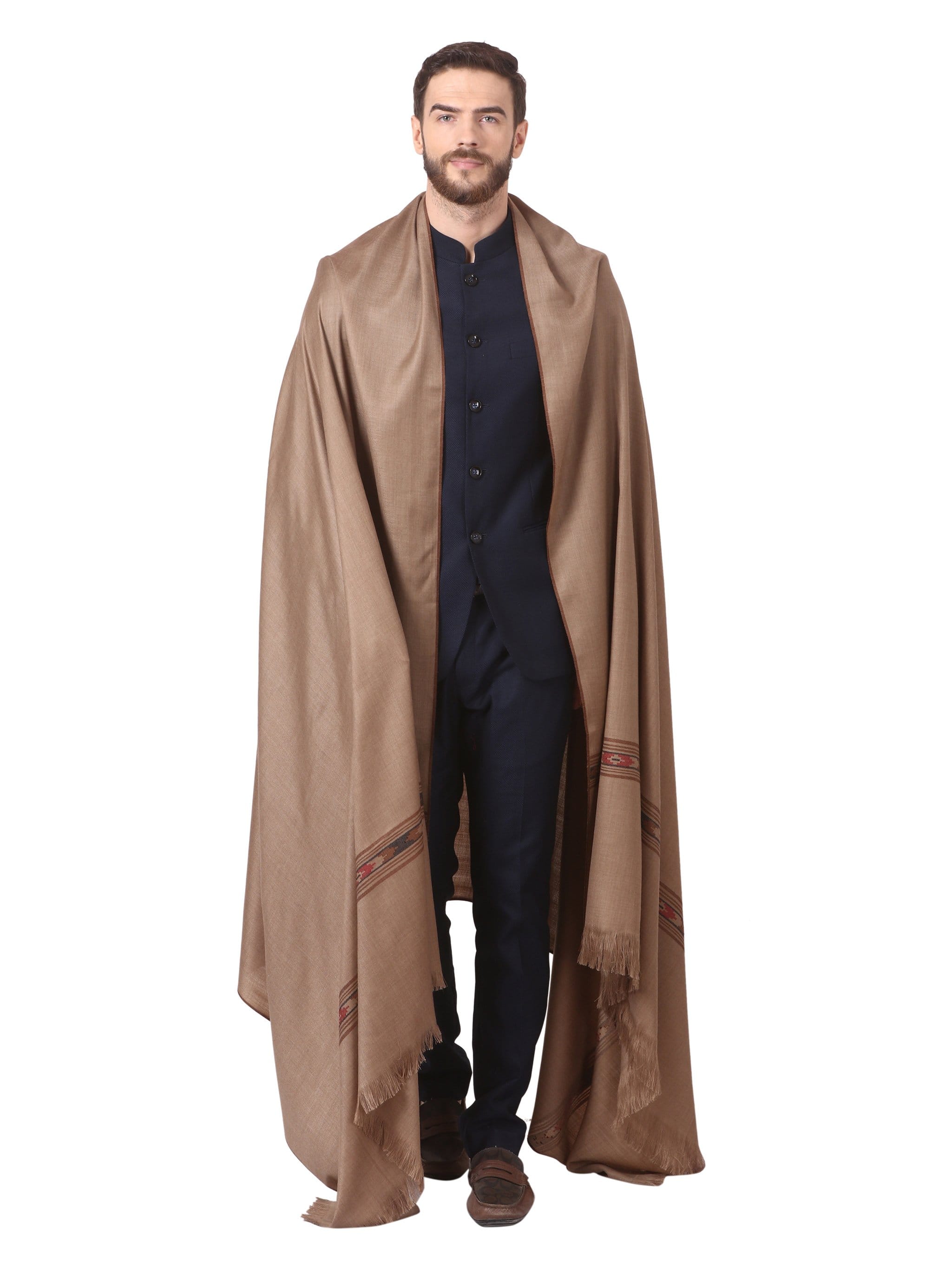 Pashtush Woven Aztec Design Mens Shawl (Lambs Wool) Beige