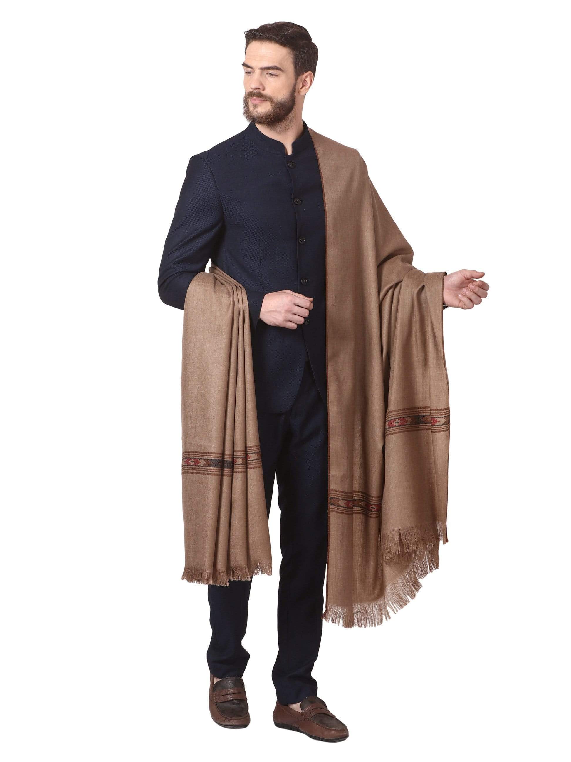 Pashtush Woven Aztec Design Mens Shawl (Lambs Wool) Beige