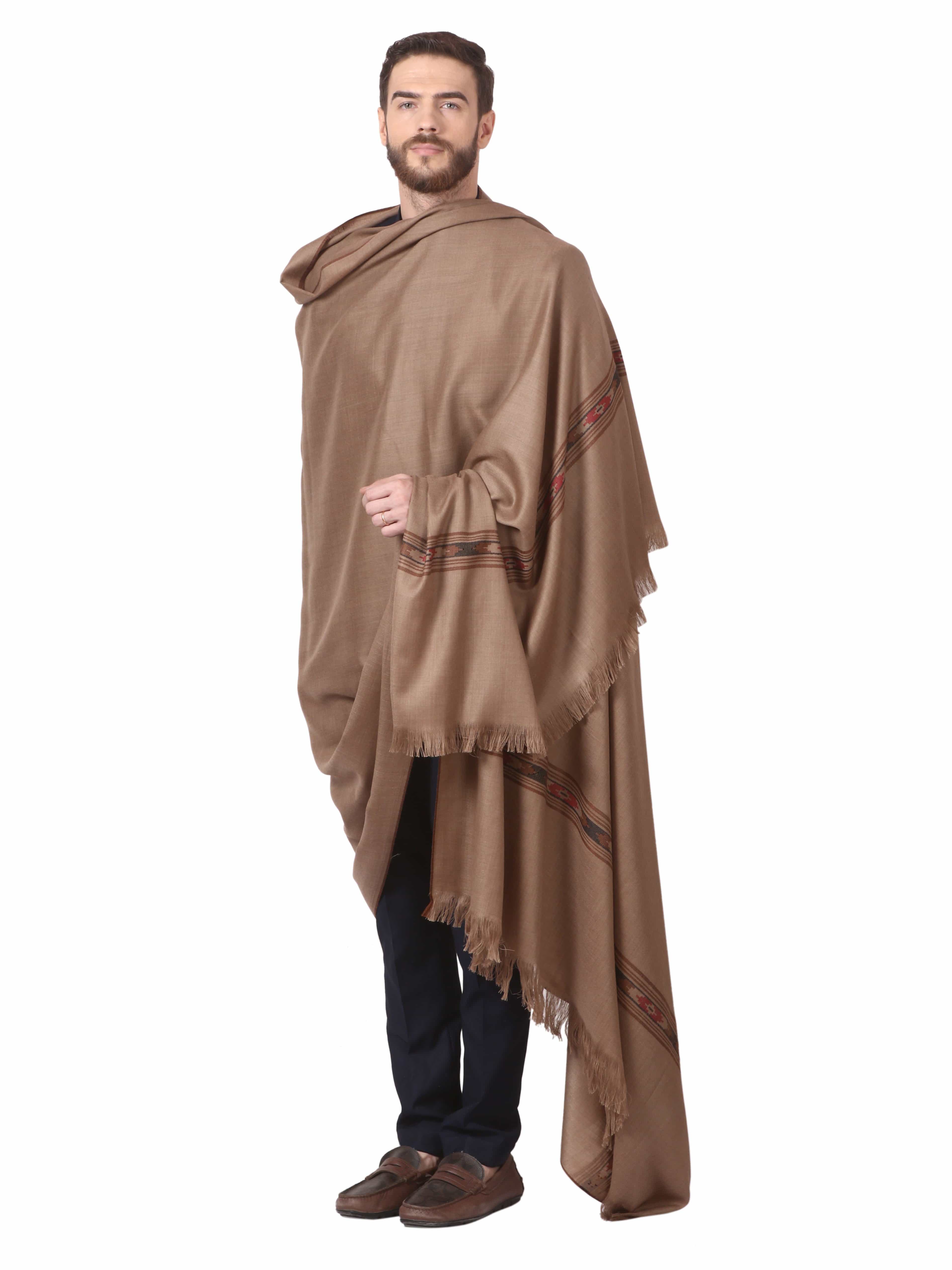 Pashtush Woven Aztec Design Mens Shawl (Lambs Wool) Beige