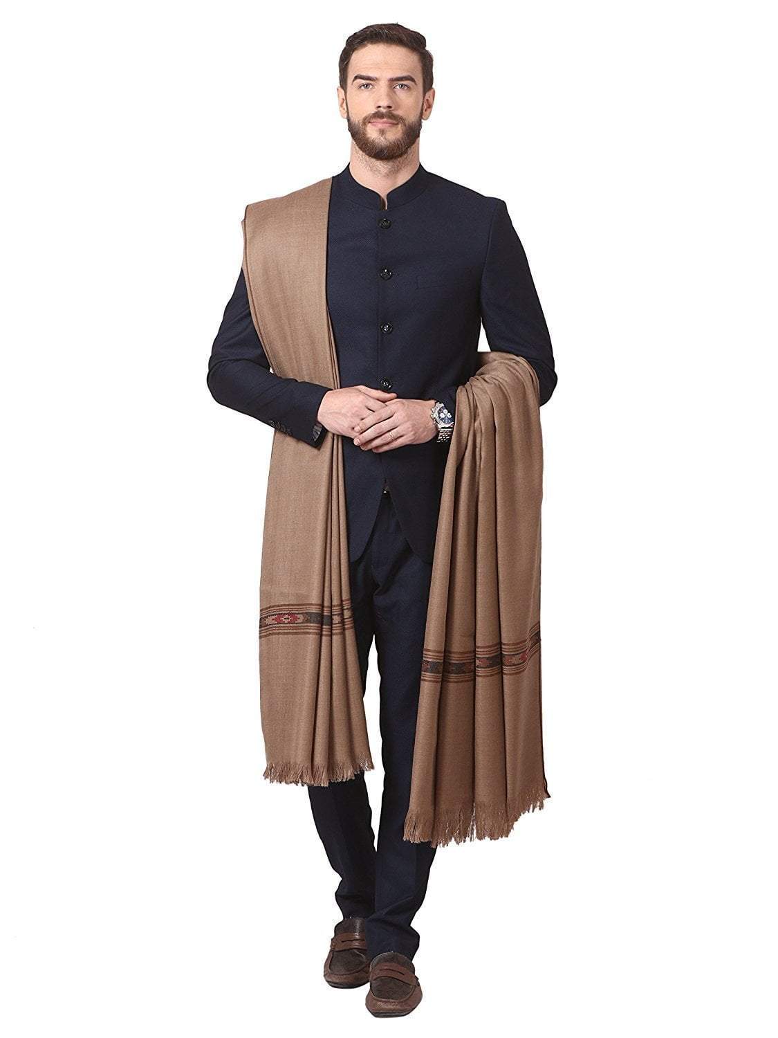 Pashtush Woven Aztec Design Mens Shawl (Lambs Wool) Beige