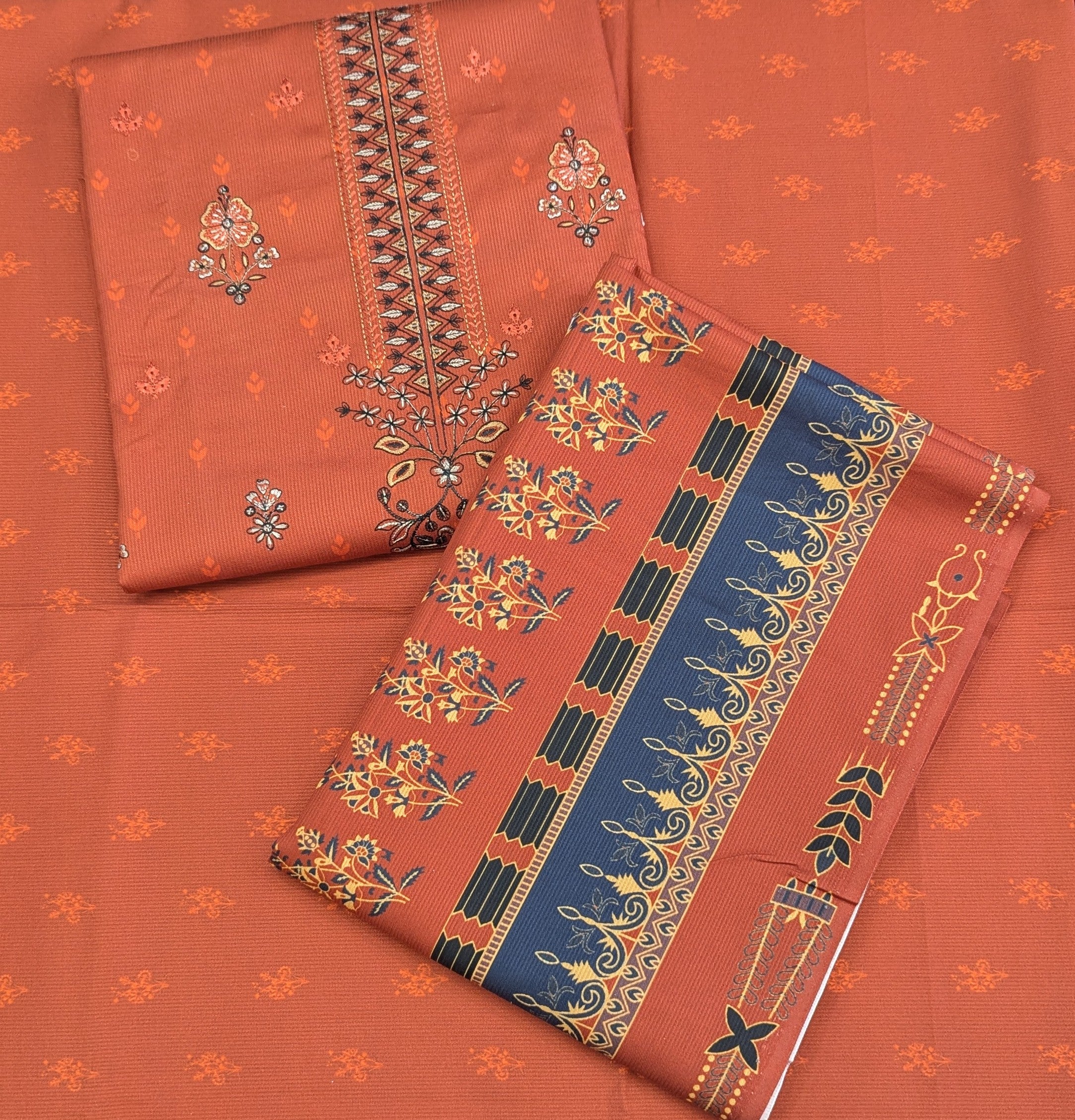 Luxury Cotri Embroidered Ensemble with Printed Shawl