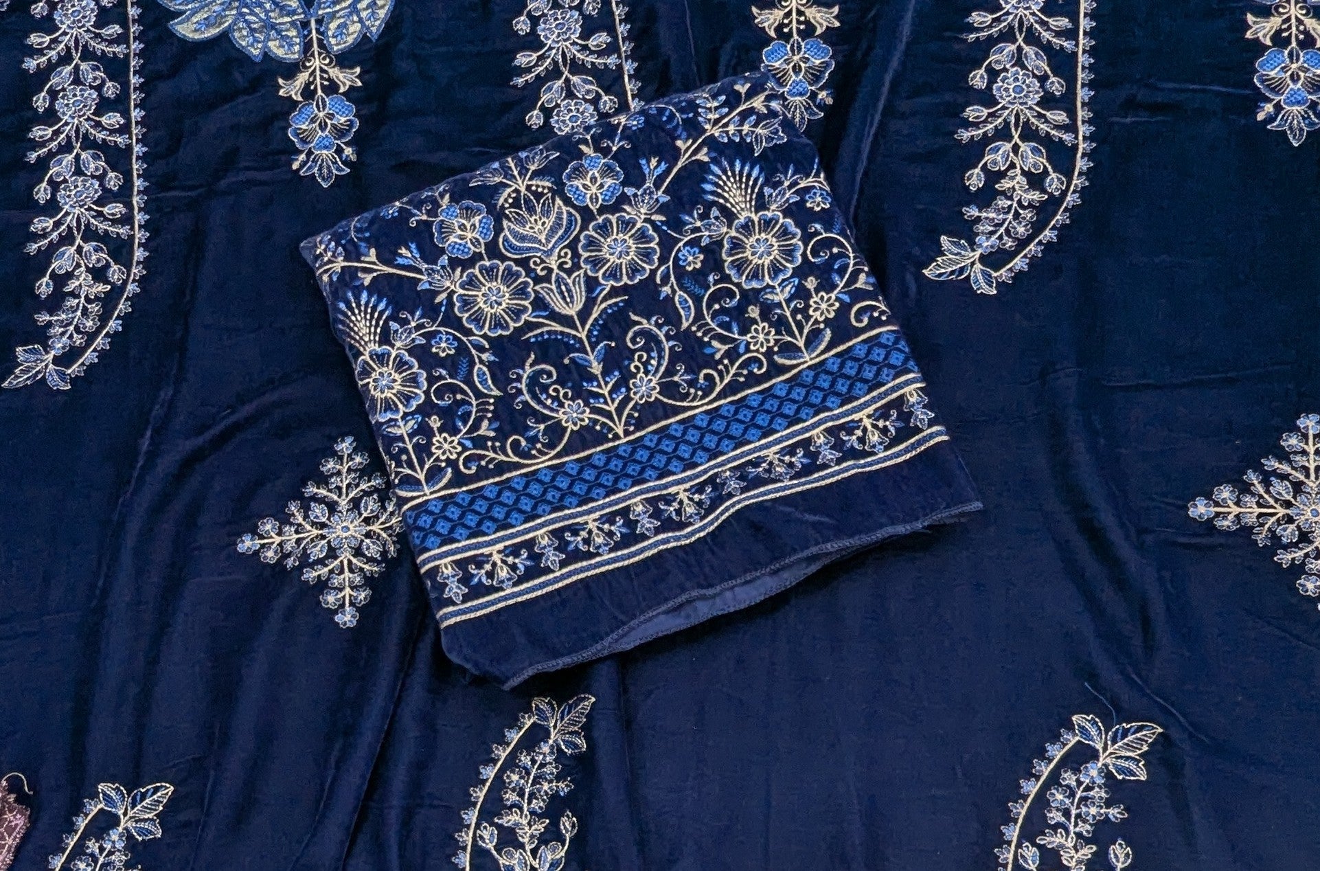 Premium Fancy Velvet Suit with Velvet Appliqué Shawl