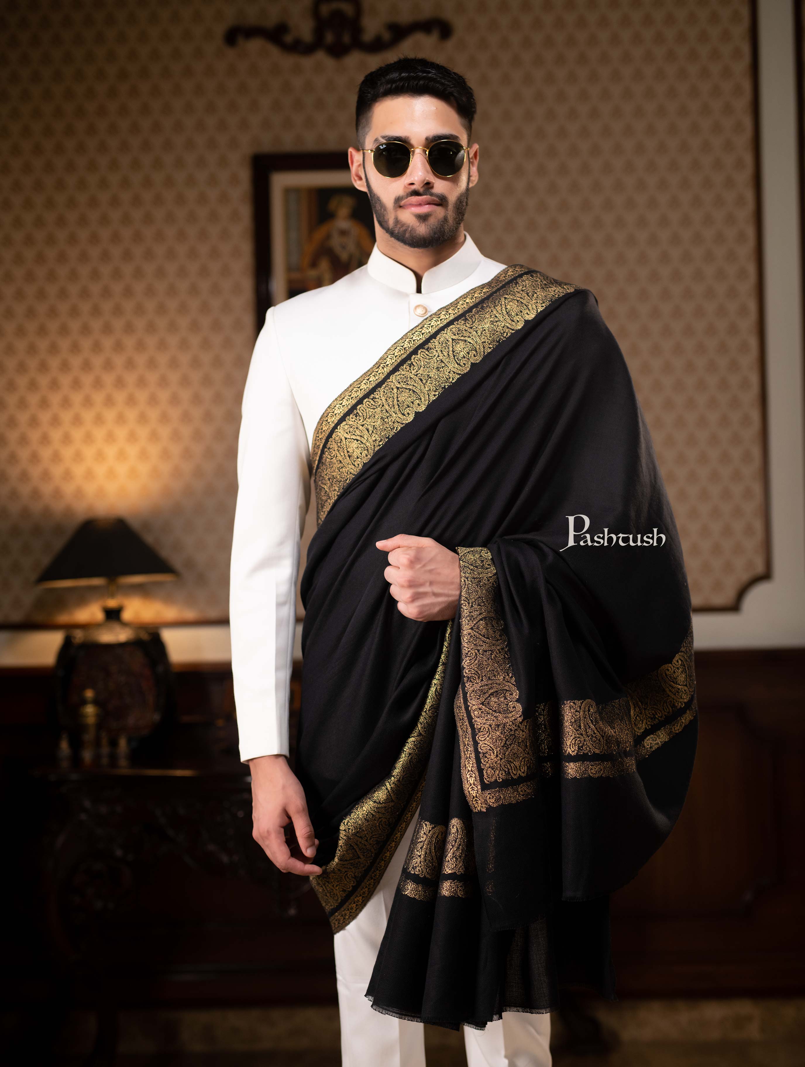 Pashtush Mens Extra Fine Count Wool Shawl, Metallic Tilla Border Weave, Full Size