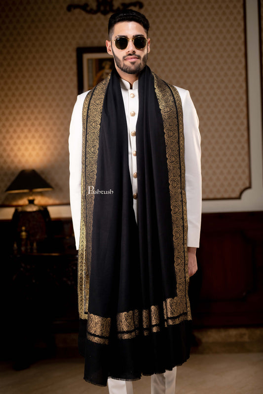 Pashtush Mens Extra Fine Count Wool Shawl, Metallic Tilla Border Weave, Full Size