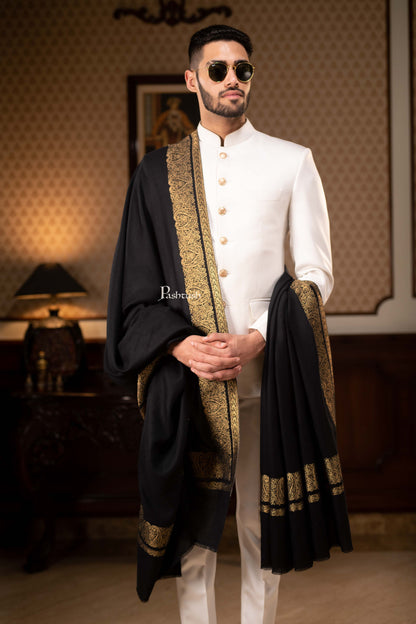Pashtush Mens Extra Fine Count Wool Shawl, Metallic Tilla Border Weave, Full Size