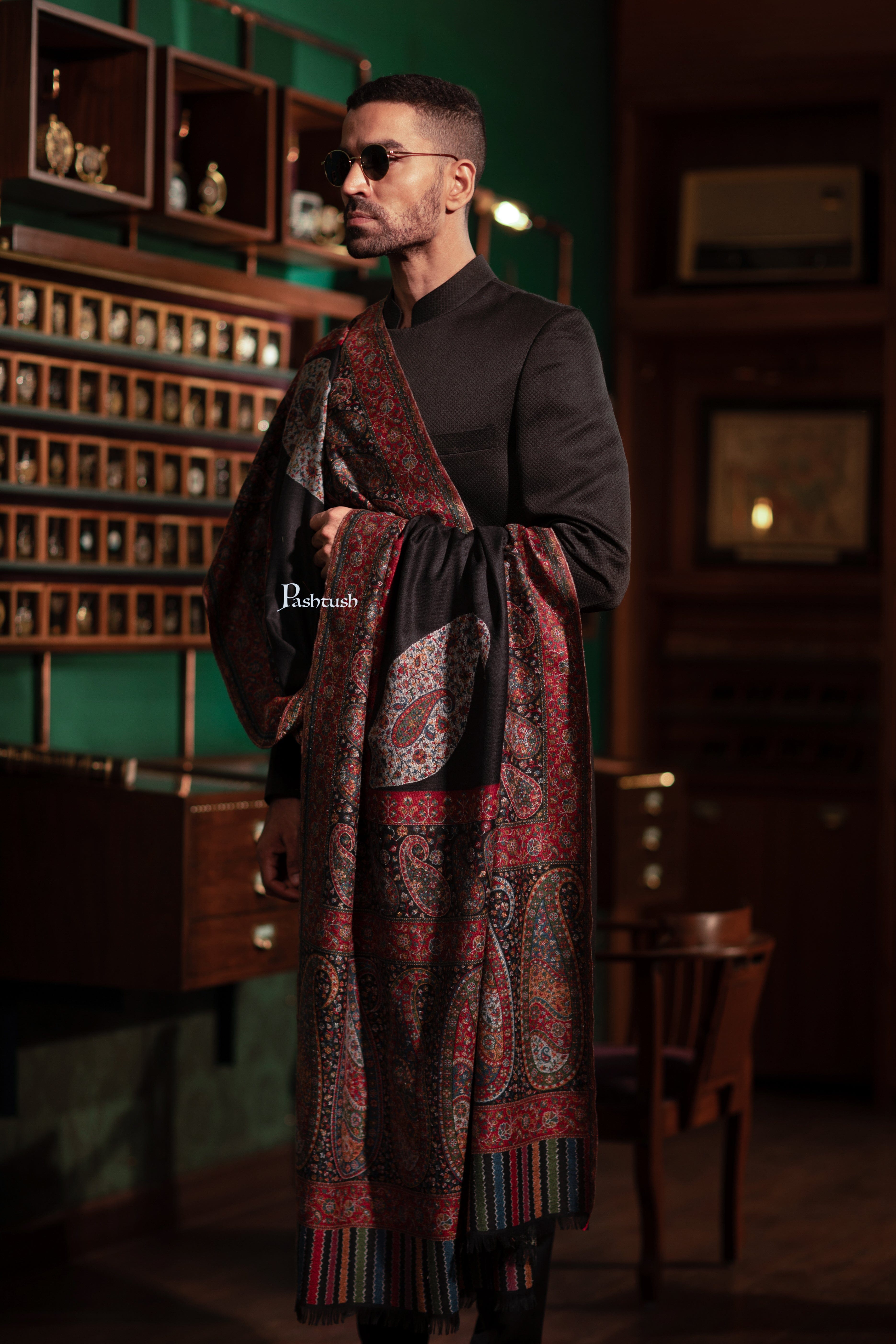 Pashtush Mens Fine Wool Shawl, Ambi Palla  Design, Black