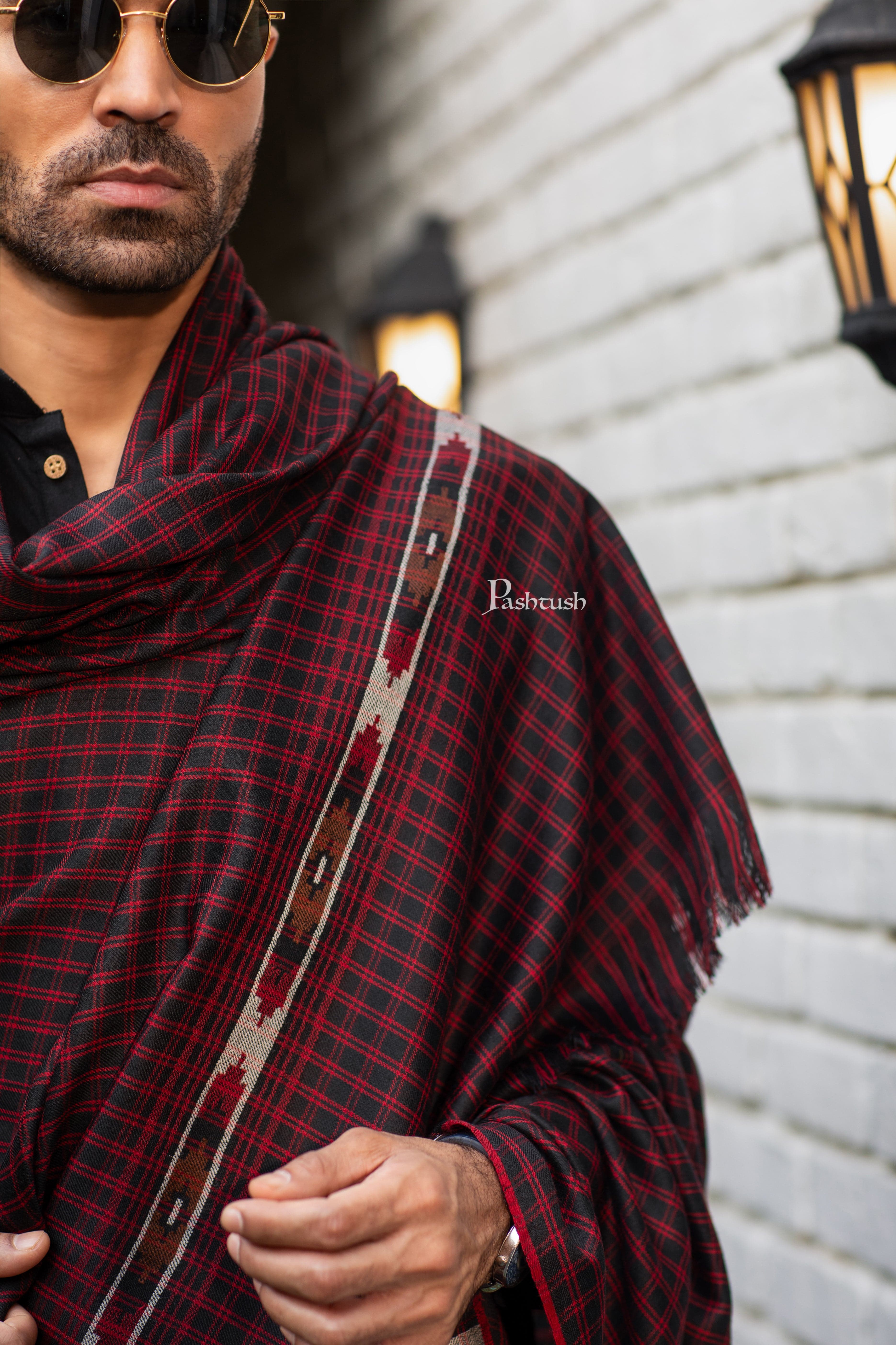 Pashtush Mens Fine Wool Shawl, Aztec With Checkered Design, Black