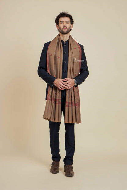 Pashtush Mens Fine Wool Shawl,  Design, Taupe