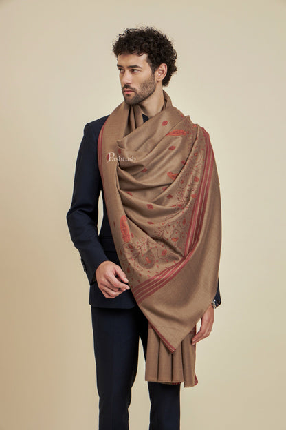 Pashtush Mens Fine Wool Shawl,  Design, Taupe