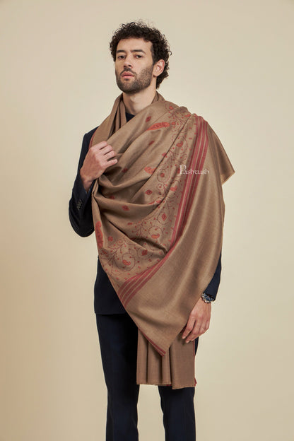 Pashtush Mens Fine Wool Shawl,  Design, Taupe