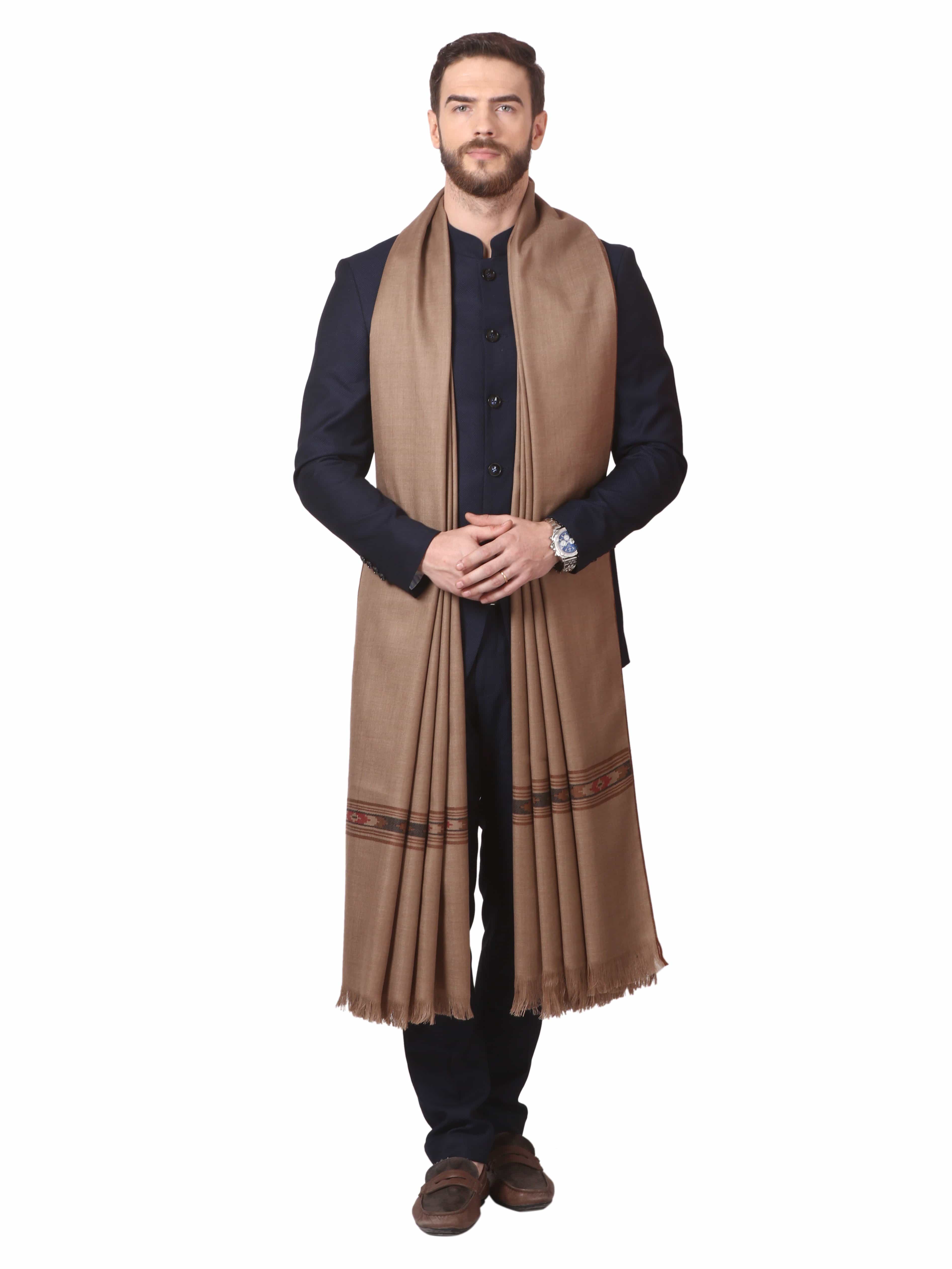 Pashtush Woven Aztec Design Mens Shawl (Lambs Wool) Beige