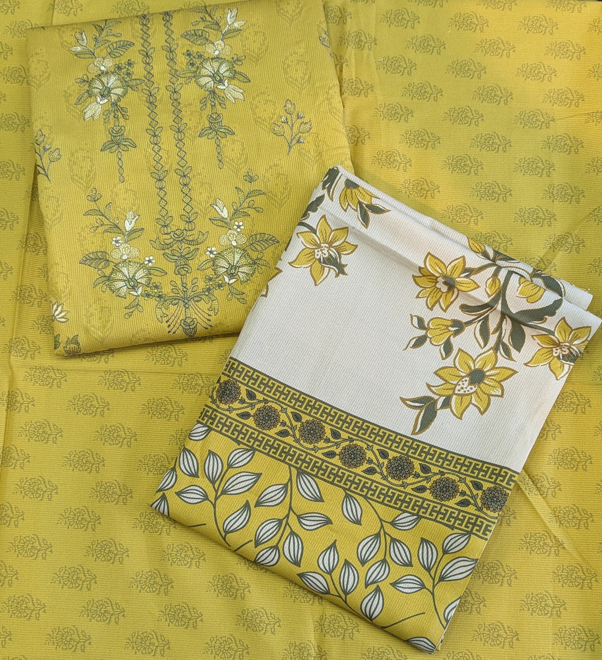 Luxury Cotri Embroidered Ensemble with Printed Shawl