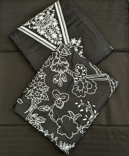 Embroidered linen with printed shawl