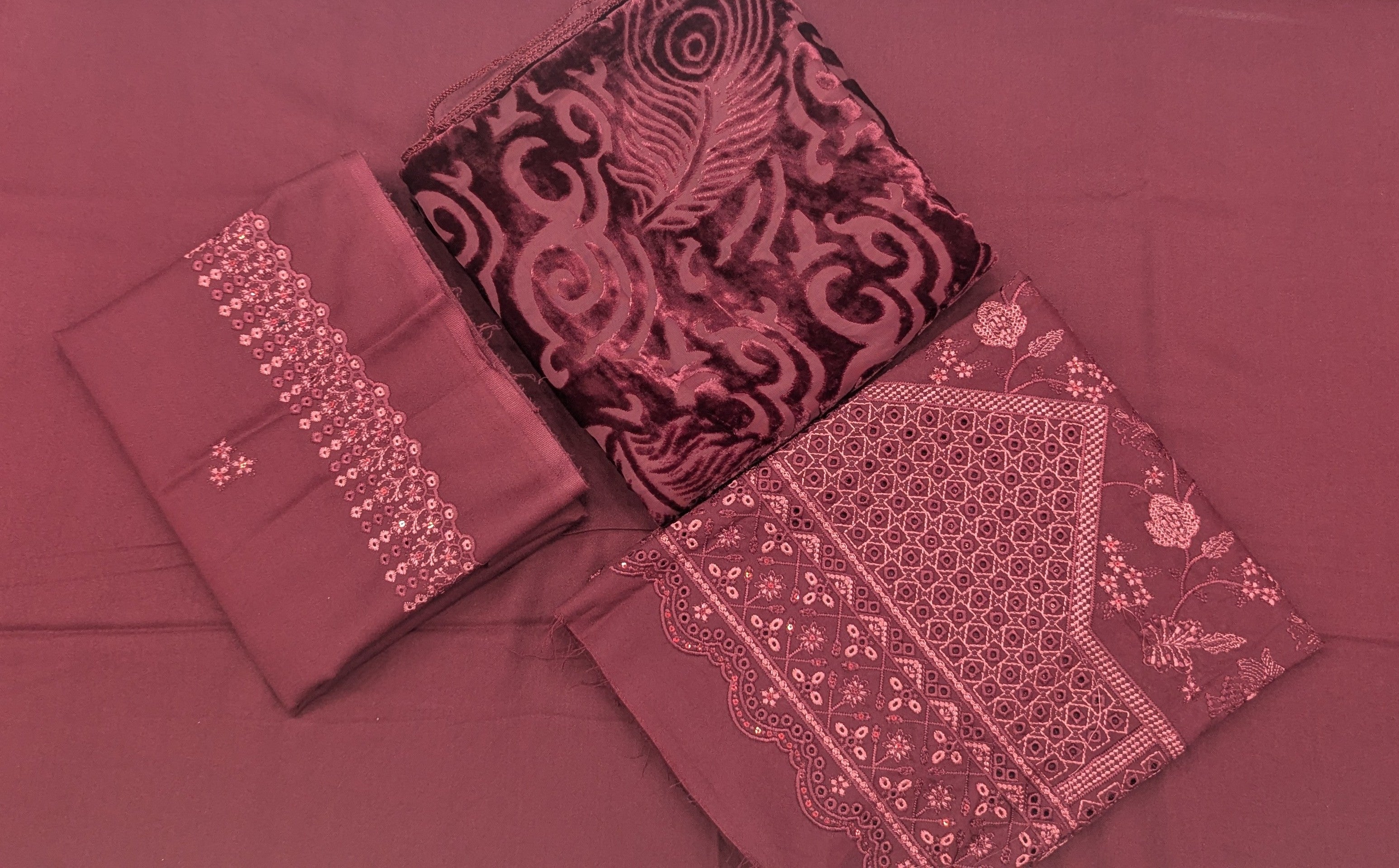 Elegant Embroidered Marina 3-Piece Suit with Warm Pluchi Shawl