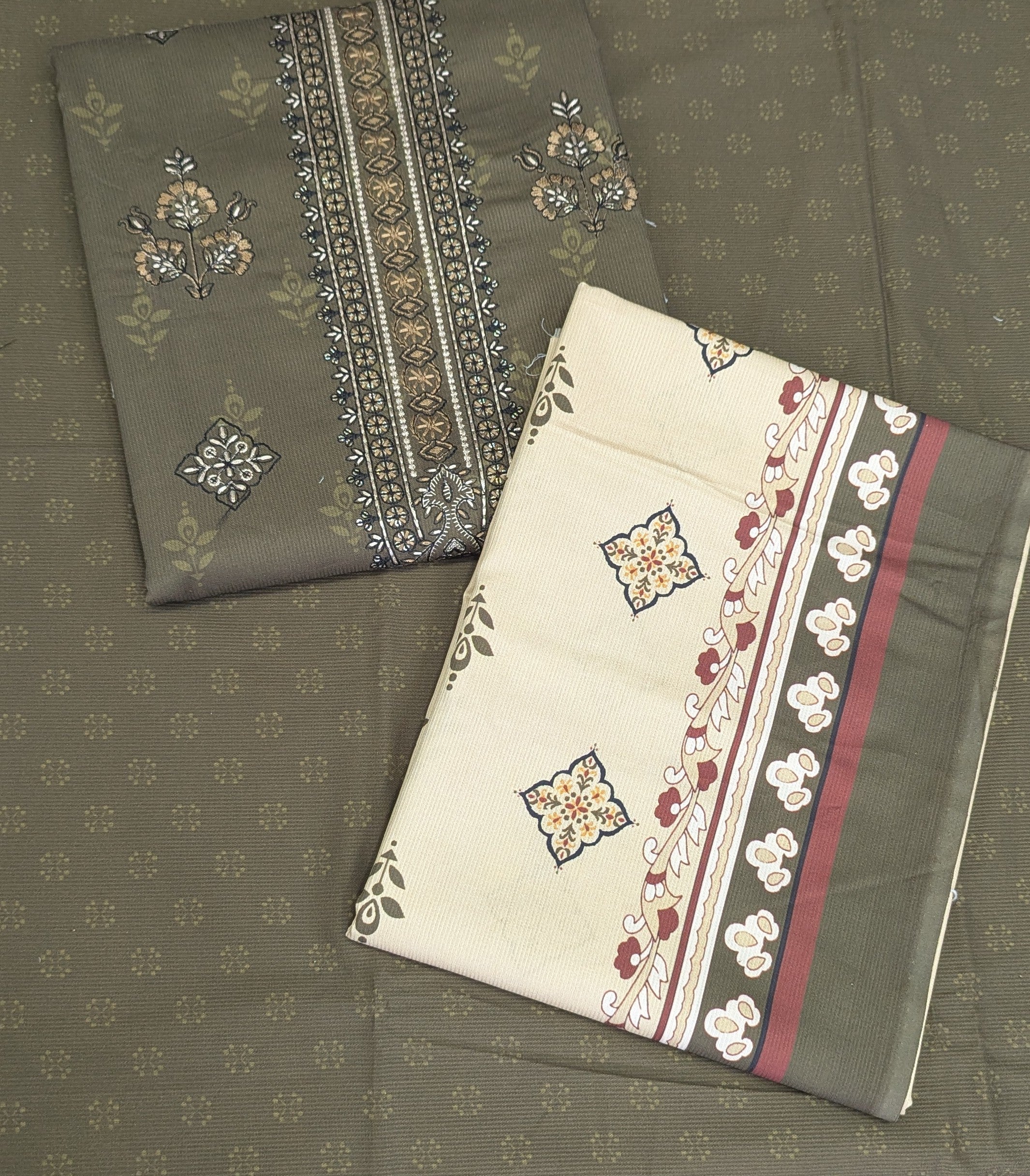 Luxury Cotri Embroidered Ensemble with Printed Shawl