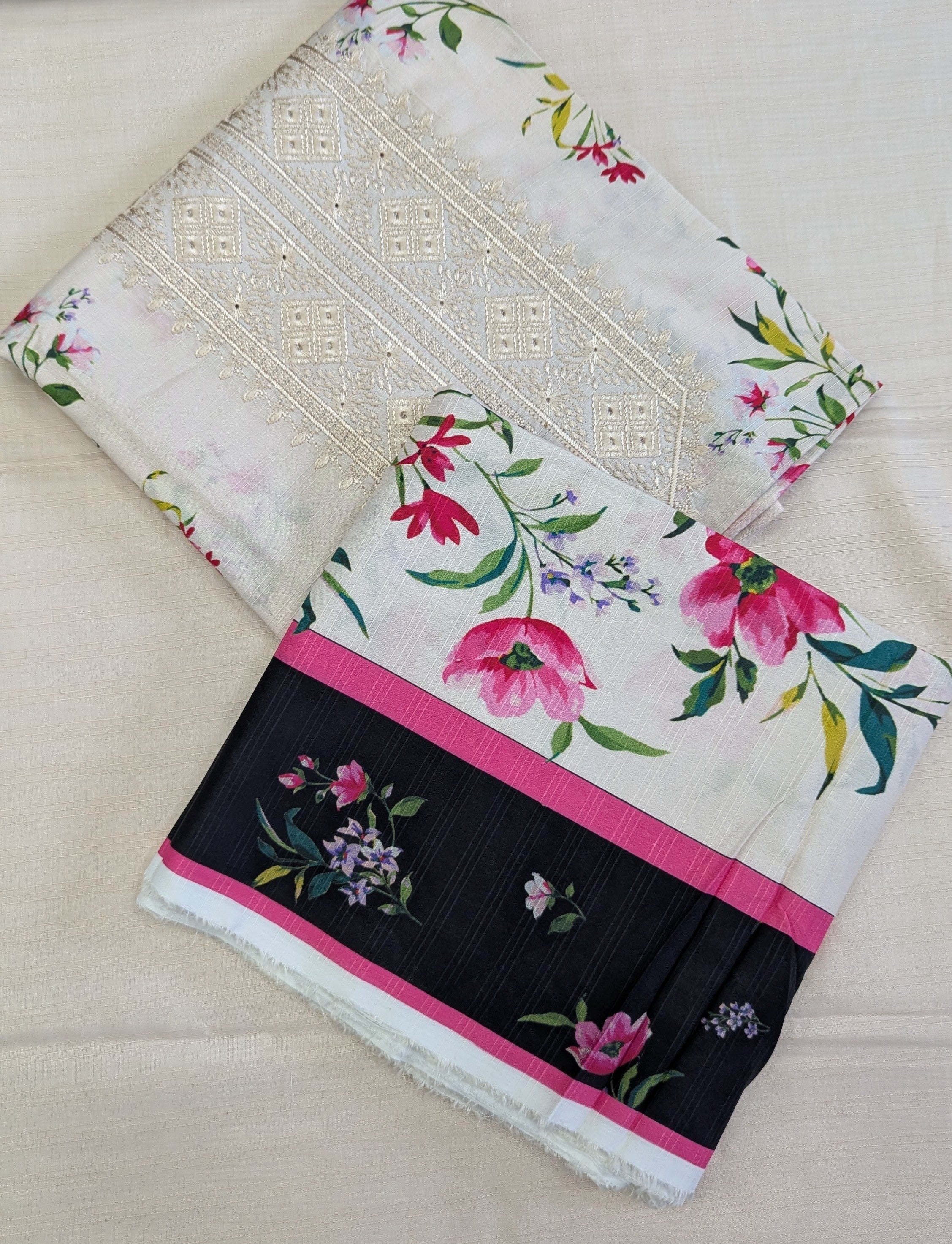 Embroidered linen with printed shawl