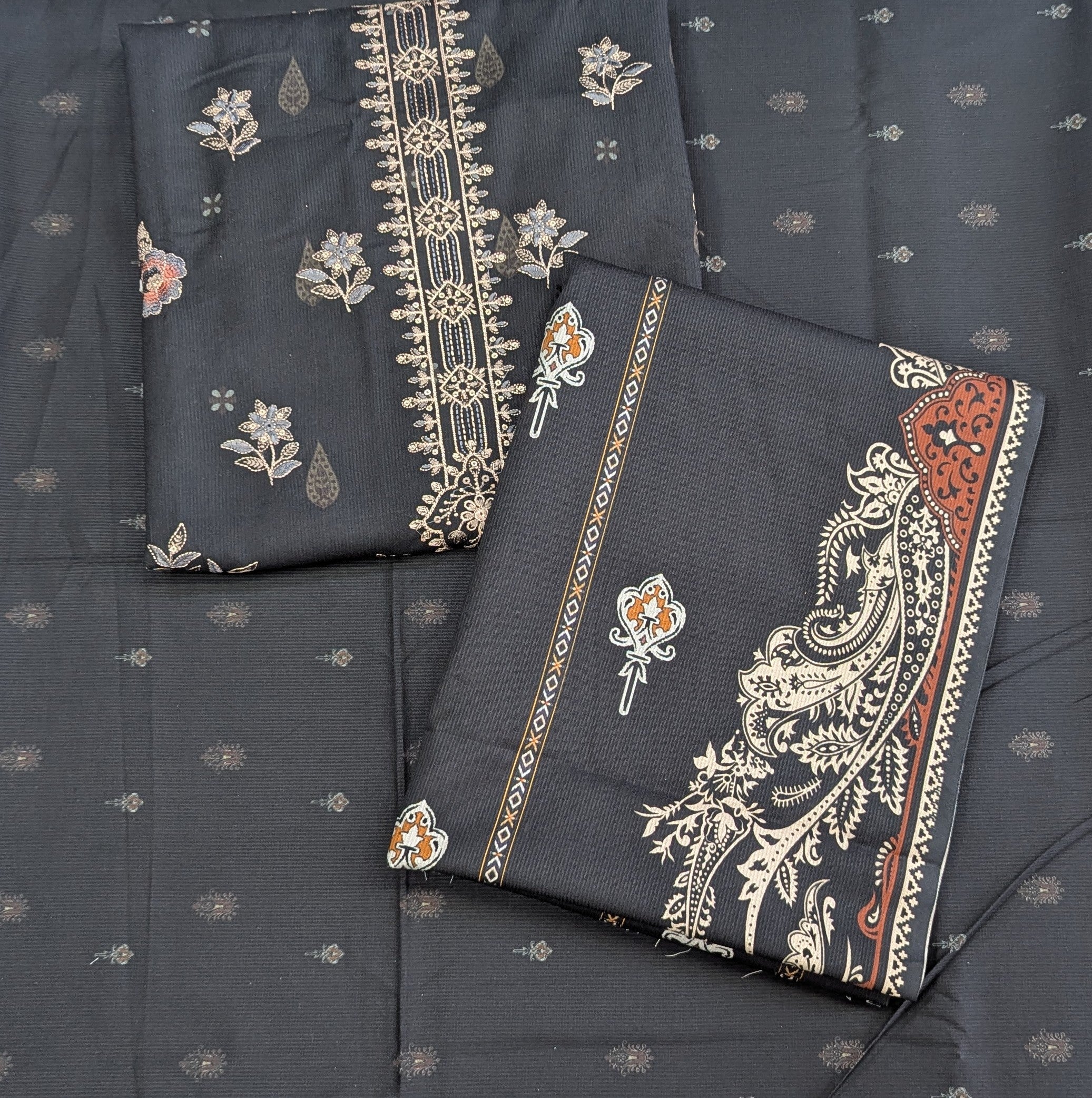 Luxury Cotri Embroidered Ensemble with Printed Shawl