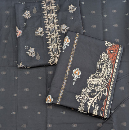 Luxury Cotri Embroidered Ensemble with Printed Shawl