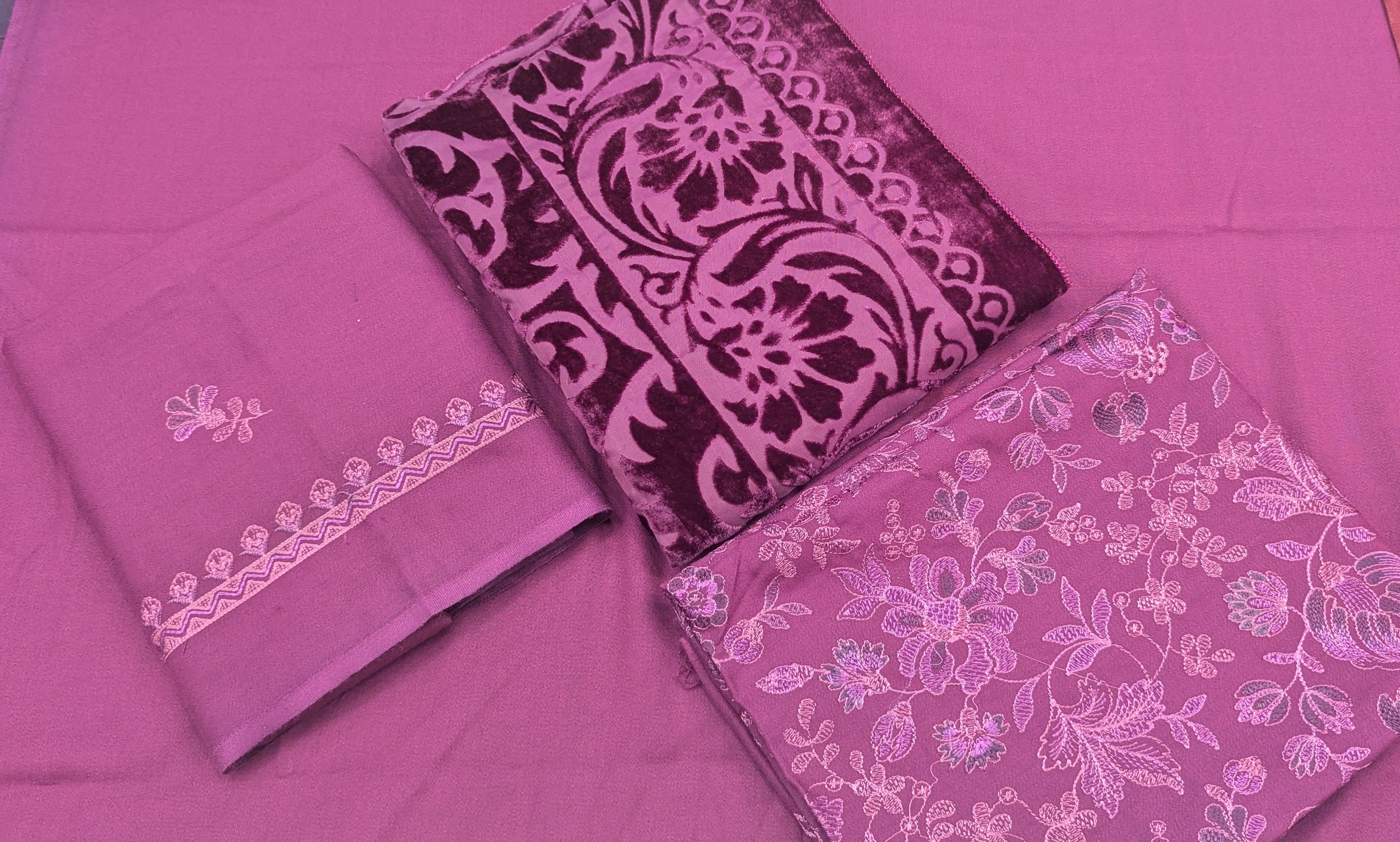 Elegant Embroidered Marina 3-Piece Suit with Warm Pluchi Shawl