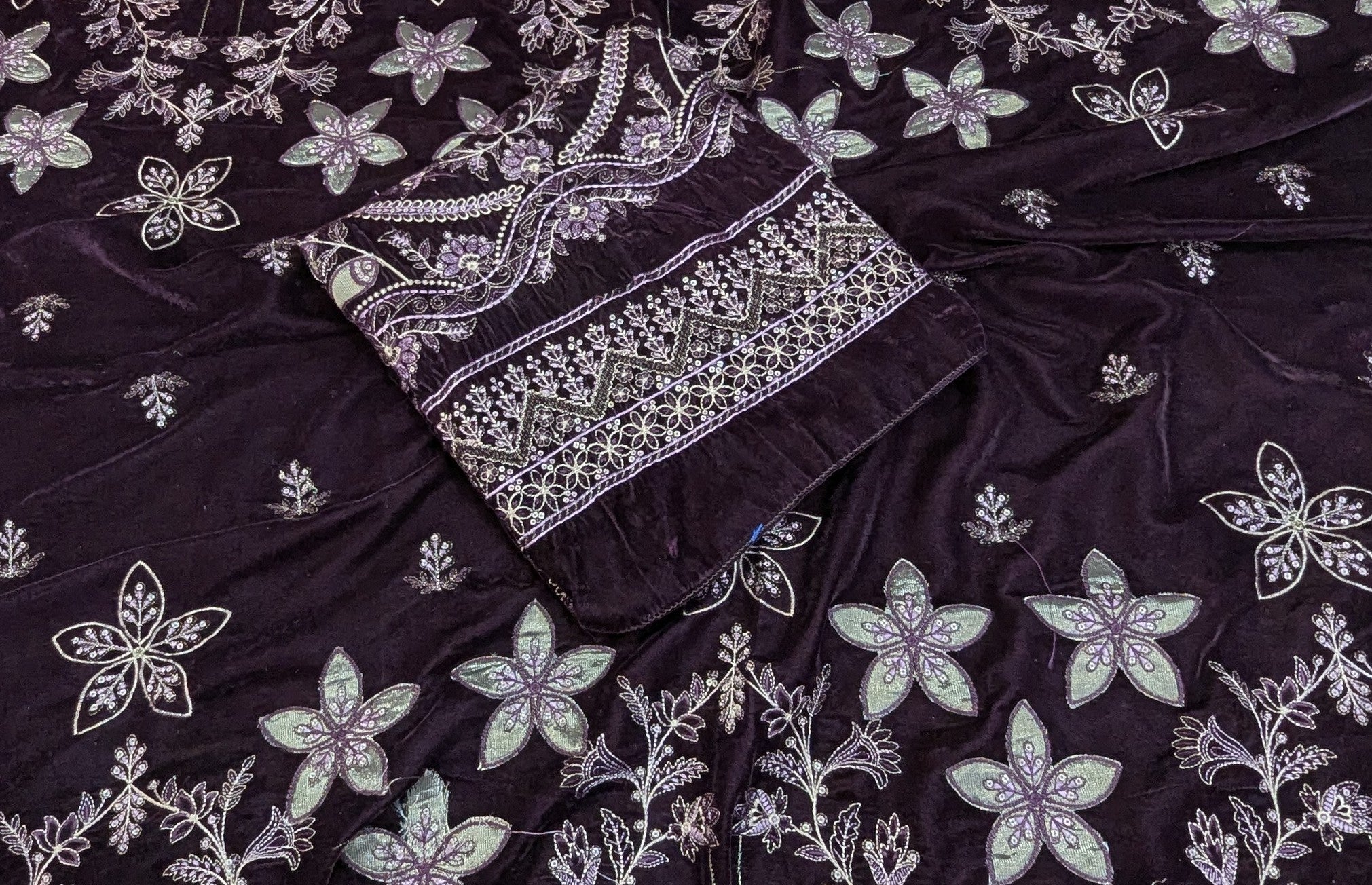 Premium Fancy Velvet Suit with Velvet Appliqué Shawl