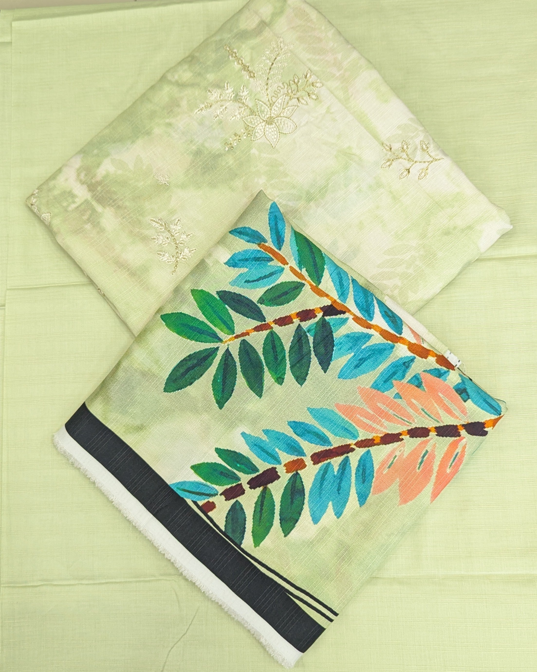 Embroidered linen with printed shawl